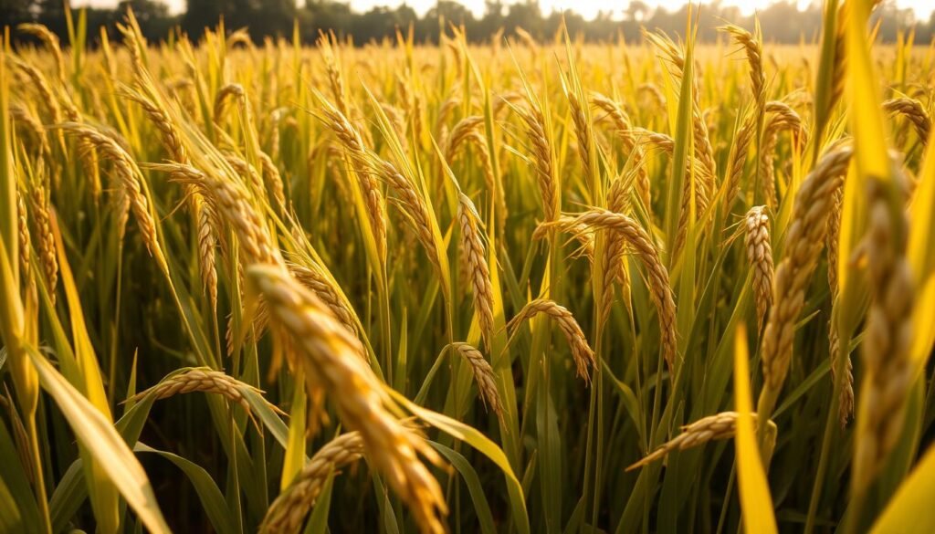 A bountiful field of golden rice stalks sways gently in the warm, soft light of a sun-dappled afternoon. The panicles, heavy with plump, glistening grains, stand tall and proud, a testament to the ingenuity of scientists who have engineered this resilient, high-yielding crop. In the foreground, individual grains catch the light, revealing their intricate textures and subtle hues, while in the background, a distant treeline frames the scene, creating a sense of depth and tranquility. The overall mood is one of abundance, sustainability, and the promise of a secure, thriving food supply for Indonesia. A bountiful field of golden rice stalks sways gently in the warm, soft light of a sun-dappled afternoon. The panicles, heavy with plump, glistening grains, stand tall and proud, a testament to the ingenuity of scientists who have engineered this resilient, high-yielding crop. In the foreground, individual grains catch the light, revealing their intricate textures and subtle hues, while in the background, a distant treeline frames the scene, creating a sense of depth and tranquility. The overall mood is one of abundance, sustainability, and the promise of a secure, thriving food supply for Indonesia.