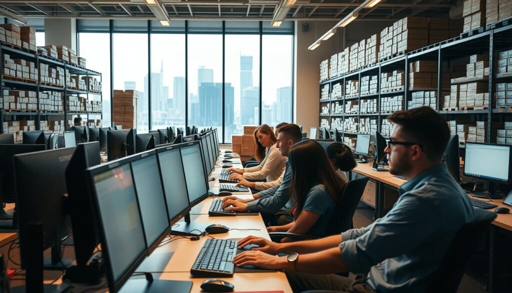 A bustling e-commerce workplace, with a team of professionals seated at their desks, intently focused on their computer screens. The office is filled with the hum of keyboards and the soft glow of LED monitors. In the background, rows of shelves are stacked with neatly packaged products, ready to be shipped to eager customers. The lighting is warm and inviting, creating a productive and collaborative atmosphere. A large window overlooking a cityscape adds depth and a sense of connection to the digital realm. The scene conveys the dynamic nature of the e-commerce industry, where skilled workers harness the power of technology to drive growth and meet the evolving demands of the digital marketplace. A bustling e-commerce workplace, with a team of professionals seated at their desks, intently focused on their computer screens. The office is filled with the hum of keyboards and the soft glow of LED monitors. In the background, rows of shelves are stacked with neatly packaged products, ready to be shipped to eager customers. The lighting is warm and inviting, creating a productive and collaborative atmosphere. A large window overlooking a cityscape adds depth and a sense of connection to the digital realm. The scene conveys the dynamic nature of the e-commerce industry, where skilled workers harness the power of technology to drive growth and meet the evolving demands of the digital marketplace.