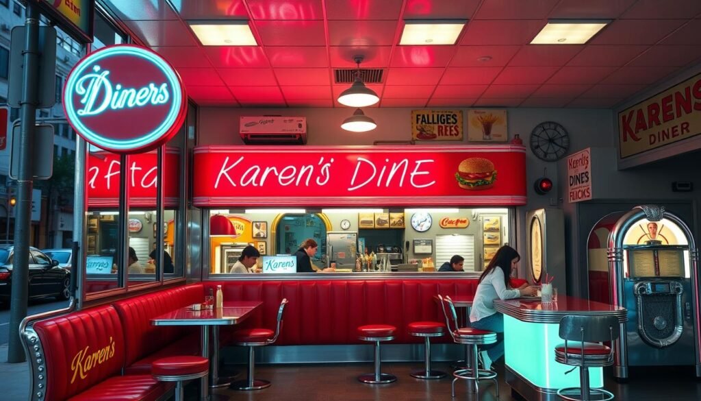A classic American diner with a retro 1950s aesthetic, Karen's Diner stands in a bustling urban setting. The exterior features a neon sign, chrome trim, and large windows showcasing the vibrant interior. Patrons sit in red vinyl booths and on chrome-legged stools at the long counter, enjoying comfort foods like burgers, fries, and milkshakes. Bright overhead lighting illuminates the space, while wall-mounted jukebox and vintage advertisements evoke a nostalgic atmosphere. The diner's classic design and warm, welcoming ambiance create an inviting scene for a community gathering place. A classic American diner with a retro 1950s aesthetic, Karen's Diner stands in a bustling urban setting. The exterior features a neon sign, chrome trim, and large windows showcasing the vibrant interior. Patrons sit in red vinyl booths and on chrome-legged stools at the long counter, enjoying comfort foods like burgers, fries, and milkshakes. Bright overhead lighting illuminates the space, while wall-mounted jukebox and vintage advertisements evoke a nostalgic atmosphere. The diner's classic design and warm, welcoming ambiance create an inviting scene for a community gathering place.