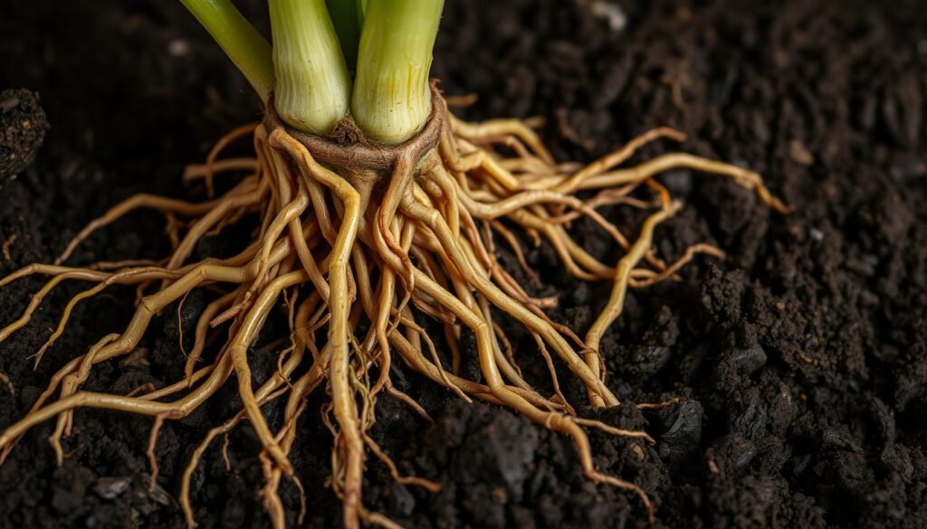 A close-up view of a healthy, vibrant akar (root system) emerging from nutrient-rich soil. The roots are thick, fibrous, and intricately branched, with a deep, earthy hue. The soil is dark and loamy, teeming with microbial activity that supports the plant's growth. Soft, diffused lighting illuminates the scene, casting gentle shadows and highlights that accentuate the textural details of the roots. The composition places the akar as the central focus, conveying its crucial role in the plant's ability to thrive in challenging environmental conditions. The overall mood is one of natural wonder and the delicate balance between plant and soil. A close-up view of a healthy, vibrant akar (root system) emerging from nutrient-rich soil. The roots are thick, fibrous, and intricately branched, with a deep, earthy hue. The soil is dark and loamy, teeming with microbial activity that supports the plant's growth. Soft, diffused lighting illuminates the scene, casting gentle shadows and highlights that accentuate the textural details of the roots. The composition places the akar as the central focus, conveying its crucial role in the plant's ability to thrive in challenging environmental conditions. The overall mood is one of natural wonder and the delicate balance between plant and soil.