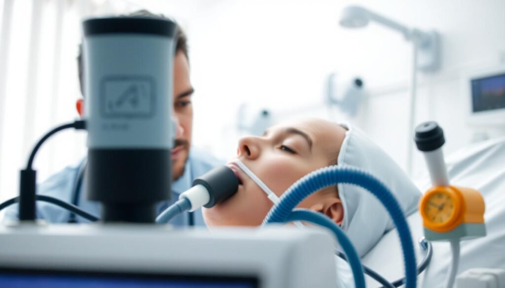 A detailed close-up view of a medical professional closely monitoring a patient's breathing, with respiratory equipment and monitors in the foreground. The scene is set in a well-lit, sterile hospital room, with a sense of urgency and vigilance. The doctor's expression conveys a focused, attentive demeanor as they carefully observe the patient's vital signs. The background is blurred, emphasizing the central action. Crisp, high-resolution, photorealistic, clinical, and medically accurate. A detailed close-up view of a medical professional closely monitoring a patient's breathing, with respiratory equipment and monitors in the foreground. The scene is set in a well-lit, sterile hospital room, with a sense of urgency and vigilance. The doctor's expression conveys a focused, attentive demeanor as they carefully observe the patient's vital signs. The background is blurred, emphasizing the central action. Crisp, high-resolution, photorealistic, clinical, and medically accurate.