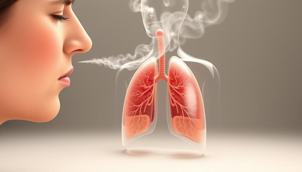 A detailed illustration showcasing the respiratory symptoms of HMPV infection. In the foreground, a close-up view of a person's face, their expression slightly concerned as they exhale a wispy cloud of vapor. In the middle ground, a transparent 3D model of the human respiratory system, highlighting the inflammation and mucus buildup in the airways. The background features a neutral, muted color palette, with subtle textural details to convey a sense of medical/scientific imagery. The lighting is soft and diffused, creating depth and emphasizing the central focus. The overall tone is informative and educational, without being overly clinical or alarming. A detailed illustration showcasing the respiratory symptoms of HMPV infection. In the foreground, a close-up view of a person's face, their expression slightly concerned as they exhale a wispy cloud of vapor. In the middle ground, a transparent 3D model of the human respiratory system, highlighting the inflammation and mucus buildup in the airways. The background features a neutral, muted color palette, with subtle textural details to convey a sense of medical/scientific imagery. The lighting is soft and diffused, creating depth and emphasizing the central focus. The overall tone is informative and educational, without being overly clinical or alarming.