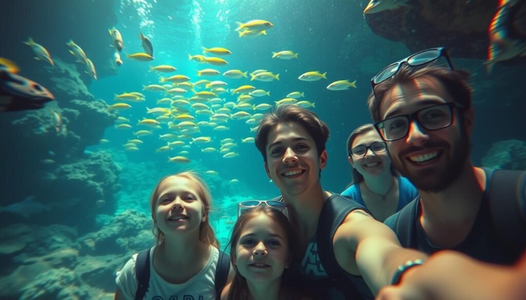 A diverse group of people exploring an underwater museum, their faces alight with wonder and curiosity. In the foreground, a family gazes in awe at the vibrant coral and marine life surrounding them, while in the middle ground, a group of friends pose for a selfie, capturing the unique experience. In the background, a school of brightly colored fish dart through the sunlit waters, creating a mesmerizing scene. The lighting is soft and diffused, creating a serene and atmospheric ambiance, as if the viewers are truly submerged in this captivating underwater world. A diverse group of people exploring an underwater museum, their faces alight with wonder and curiosity. In the foreground, a family gazes in awe at the vibrant coral and marine life surrounding them, while in the middle ground, a group of friends pose for a selfie, capturing the unique experience. In the background, a school of brightly colored fish dart through the sunlit waters, creating a mesmerizing scene. The lighting is soft and diffused, creating a serene and atmospheric ambiance, as if the viewers are truly submerged in this captivating underwater world.
