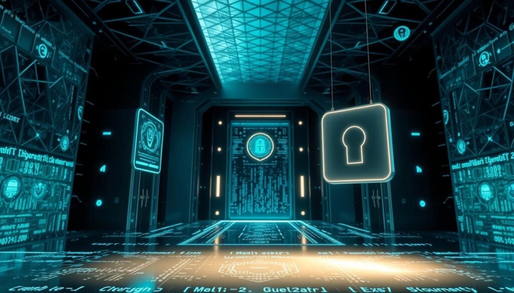 A high-security digital fortress, with intricate geometric patterns and sleek surfaces reflecting the glow of holographic displays. Multilayered cybersecurity protocols and biometric access controls guard the entrance, while complex algorithms monitor transactions for anomalies. In the foreground, a sleek, minimalist control panel hovers, its interface illuminated by a soft, ambient light. The background is a vast, three-dimensional data landscape, with cascading lines of code and shimmering data spheres. The overall atmosphere is one of precision, power, and unwavering digital integrity, reflecting the importance of security, compliance, and anti-money laundering in the rapidly evolving digital economy. A high-security digital fortress, with intricate geometric patterns and sleek surfaces reflecting the glow of holographic displays. Multilayered cybersecurity protocols and biometric access controls guard the entrance, while complex algorithms monitor transactions for anomalies. In the foreground, a sleek, minimalist control panel hovers, its interface illuminated by a soft, ambient light. The background is a vast, three-dimensional data landscape, with cascading lines of code and shimmering data spheres. The overall atmosphere is one of precision, power, and unwavering digital integrity, reflecting the importance of security, compliance, and anti-money laundering in the rapidly evolving digital economy.