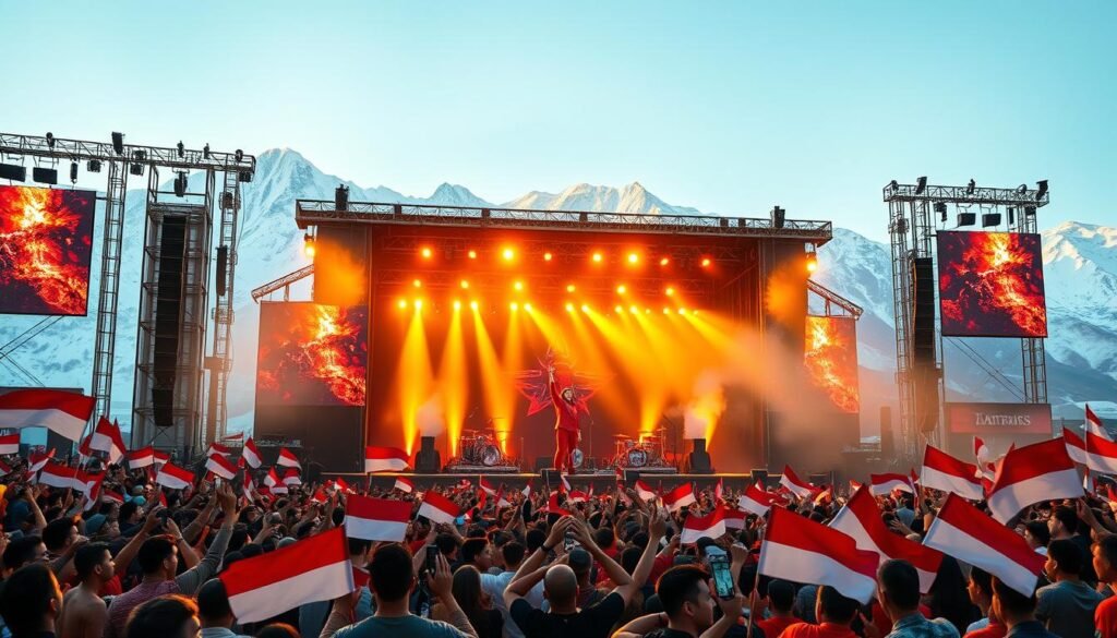 A massive outdoor concert stage set against the stunning backdrop of snow-capped mountains, bathed in warm, golden lighting. The crowd surges with energy, waving Indonesian flags as a legendary rock band performs on stage. Lead singer commands the audience, clad in vibrant national colors. Smoke machines and pyrotechnics add to the electrifying atmosphere. Towering video screens display captivating visuals, complementing the thunderous music. The scale and grandeur of this event conveys a sense of national pride and unity, celebrating Indonesia's musical heritage at the highest elevation. A massive outdoor concert stage set against the stunning backdrop of snow-capped mountains, bathed in warm, golden lighting. The crowd surges with energy, waving Indonesian flags as a legendary rock band performs on stage. Lead singer commands the audience, clad in vibrant national colors. Smoke machines and pyrotechnics add to the electrifying atmosphere. Towering video screens display captivating visuals, complementing the thunderous music. The scale and grandeur of this event conveys a sense of national pride and unity, celebrating Indonesia's musical heritage at the highest elevation.