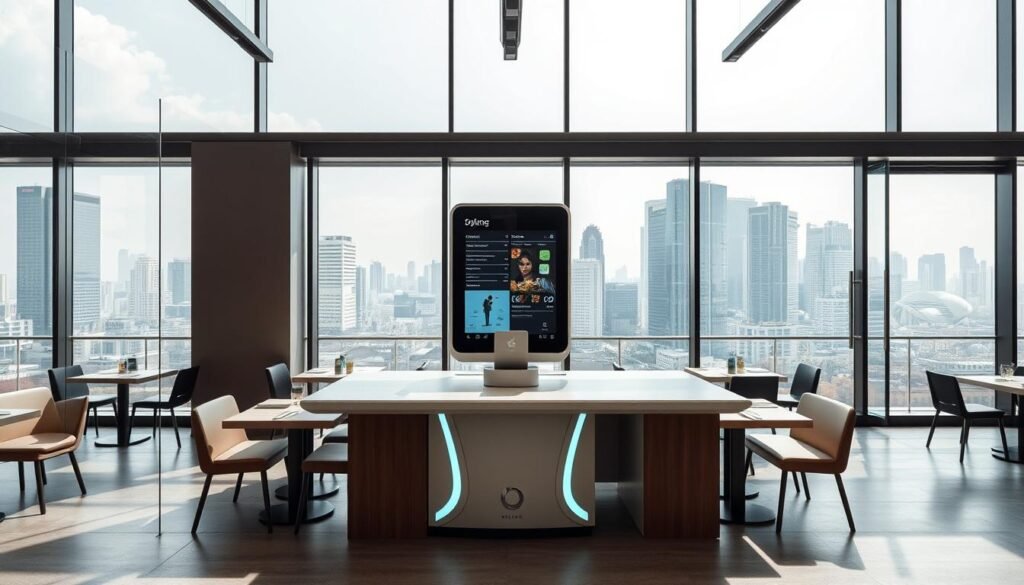 A modern, minimalist diner in the heart of Jakarta, Indonesia. Sleek glass walls allow natural light to flood the interior, creating a bright, airy atmosphere. Minimalist furnishings in neutral tones, with clean lines and subtle industrial accents. A centralized counter with a futuristic, self-service ordering system dominates the foreground. The background showcases the bustling city skyline through large windows, blending the urban landscape with the intimate dining space. The scene conveys a sense of efficiency, technology, and a unique dining experience, reflecting the self-service nature of this innovative restaurant concept. A modern, minimalist diner in the heart of Jakarta, Indonesia. Sleek glass walls allow natural light to flood the interior, creating a bright, airy atmosphere. Minimalist furnishings in neutral tones, with clean lines and subtle industrial accents. A centralized counter with a futuristic, self-service ordering system dominates the foreground. The background showcases the bustling city skyline through large windows, blending the urban landscape with the intimate dining space. The scene conveys a sense of efficiency, technology, and a unique dining experience, reflecting the self-service nature of this innovative restaurant concept.