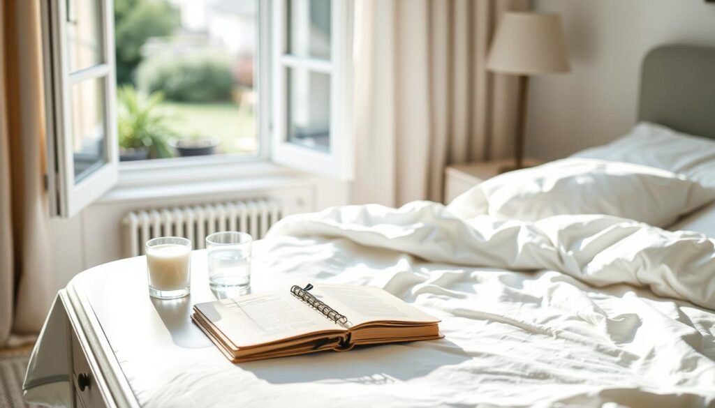 A serene bedroom scene, bathed in soft, natural light. In the foreground, a neatly organized nightstand with a simple journal, a calming candle, and a glass of water. The bed, with crisp white linens, is slightly rumpled, suggesting a recent awakening. In the background, an open window frames a peaceful outdoor view, perhaps a garden or a tranquil landscape. The overall atmosphere is one of calm, reflection, and intentional relaxation, conveying the essence of a "7-day action plan" towards a good night's sleep. A serene bedroom scene, bathed in soft, natural light. In the foreground, a neatly organized nightstand with a simple journal, a calming candle, and a glass of water. The bed, with crisp white linens, is slightly rumpled, suggesting a recent awakening. In the background, an open window frames a peaceful outdoor view, perhaps a garden or a tranquil landscape. The overall atmosphere is one of calm, reflection, and intentional relaxation, conveying the essence of a "7-day action plan" towards a good night's sleep.
