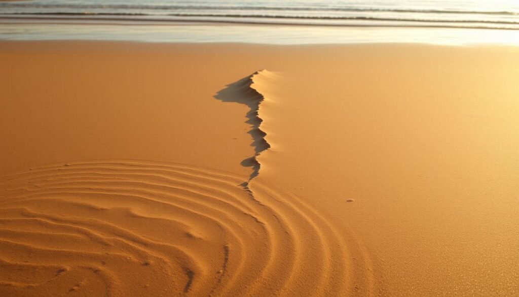 A serene coastal scene at low tide, where the receding waters reveal a stretch of damp, glistening sand. In the foreground, delicate patterns and textures left by the retreating waves create a captivating natural artwork. The middle ground features a gradual transition from the wet sand to the dry, with a subtle ridge or sandbar cutting through the composition. In the distance, the horizon line is marked by the gentle lapping of the ocean, its surface calm and reflective. Warm, diffused sunlight bathes the entire scene, casting a soft, golden glow and creating long, dramatic shadows. The atmosphere is one of tranquility and wonder, inviting the viewer to pause and appreciate the cyclical rhythms of the tides. A serene coastal scene at low tide, where the receding waters reveal a stretch of damp, glistening sand. In the foreground, delicate patterns and textures left by the retreating waves create a captivating natural artwork. The middle ground features a gradual transition from the wet sand to the dry, with a subtle ridge or sandbar cutting through the composition. In the distance, the horizon line is marked by the gentle lapping of the ocean, its surface calm and reflective. Warm, diffused sunlight bathes the entire scene, casting a soft, golden glow and creating long, dramatic shadows. The atmosphere is one of tranquility and wonder, inviting the viewer to pause and appreciate the cyclical rhythms of the tides.