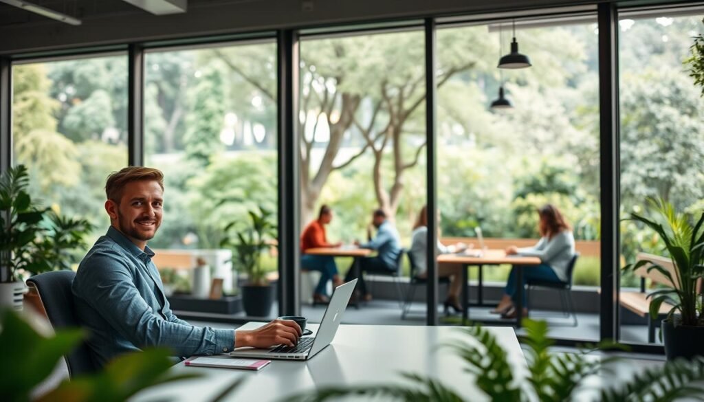 A serene office interior with large windows overlooking a lush, verdant landscape. In the foreground, an employee sits comfortably at their desk, balancing a laptop and a cup of coffee, their expression calm and focused. The middle ground features colleagues collaborating in an open, airy space, their body language relaxed and casual. The background showcases a rejuvenating outdoor area with benches and greenery, where employees can take breaks and recharge. Soft, diffused lighting creates a warm, inviting atmosphere, and the overall scene conveys a sense of harmony and work-life equilibrium. A serene office interior with large windows overlooking a lush, verdant landscape. In the foreground, an employee sits comfortably at their desk, balancing a laptop and a cup of coffee, their expression calm and focused. The middle ground features colleagues collaborating in an open, airy space, their body language relaxed and casual. The background showcases a rejuvenating outdoor area with benches and greenery, where employees can take breaks and recharge. Soft, diffused lighting creates a warm, inviting atmosphere, and the overall scene conveys a sense of harmony and work-life equilibrium.