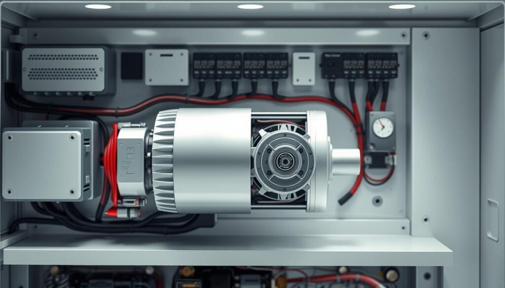 A sleek, modern electric motor sits at the center of a well-designed electrical system, its internal components optimized for maximum efficiency. Surrounding it, intricate circuitry and advanced control modules work in harmony, managing power flow and thermal regulation with precision. The motor's compact form belies its impressive performance, harnessing the latest advancements in materials and design to deliver exceptional torque and responsiveness, all without the need for a bulky frame. Soft, diffused lighting highlights the clean, minimalist aesthetic, emphasizing the system's elegant engineering and highlighting its potential for seamless integration into a variety of applications. A sleek, modern electric motor sits at the center of a well-designed electrical system, its internal components optimized for maximum efficiency. Surrounding it, intricate circuitry and advanced control modules work in harmony, managing power flow and thermal regulation with precision. The motor's compact form belies its impressive performance, harnessing the latest advancements in materials and design to deliver exceptional torque and responsiveness, all without the need for a bulky frame. Soft, diffused lighting highlights the clean, minimalist aesthetic, emphasizing the system's elegant engineering and highlighting its potential for seamless integration into a variety of applications.