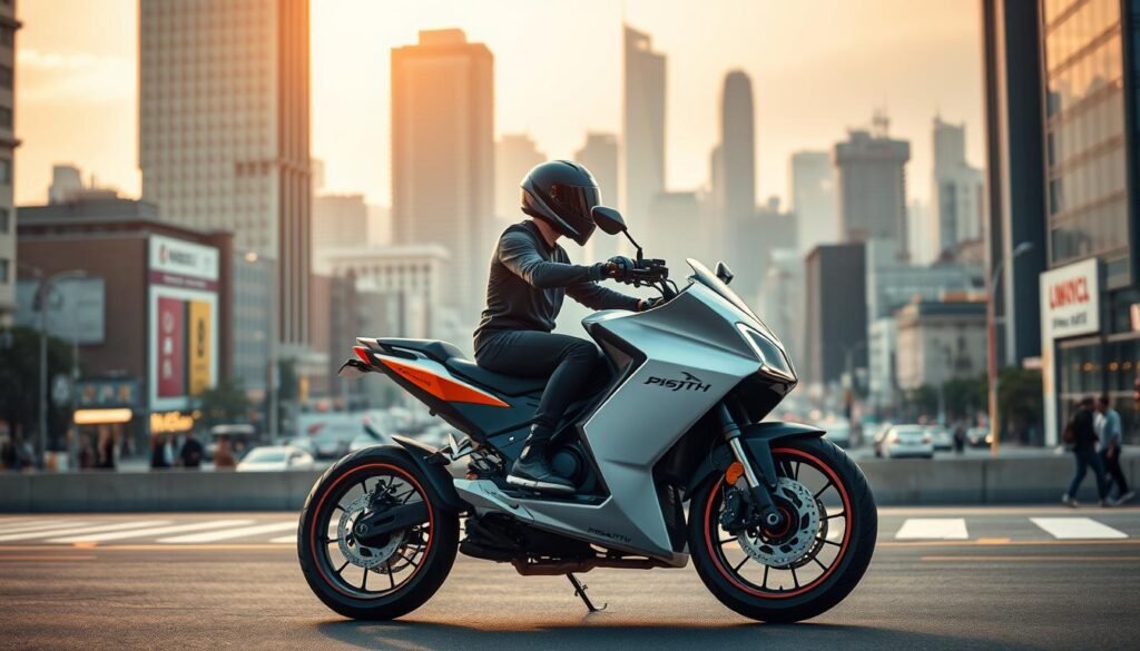 A sleek, modern electric motorcycle stands in the foreground, its streamlined design and vibrant color scheme reflecting the cutting-edge technology it embodies. The rider, positioned in a dynamic riding stance, showcases the effortless acceleration and responsiveness of the vehicle. In the middle ground, a bustling urban landscape unfolds, with tall buildings, bustling streets, and pedestrians navigating the city. The lighting is a harmonious blend of warm tones and cool shadows, creating a sense of energy and dynamism. The entire scene is captured with a cinematic, wide-angle lens, emphasizing the sense of scale and immersion. The overall mood is one of innovation, efficiency, and the seamless integration of electric mobility into the modern urban environment. A sleek, modern electric motorcycle stands in the foreground, its streamlined design and vibrant color scheme reflecting the cutting-edge technology it embodies. The rider, positioned in a dynamic riding stance, showcases the effortless acceleration and responsiveness of the vehicle. In the middle ground, a bustling urban landscape unfolds, with tall buildings, bustling streets, and pedestrians navigating the city. The lighting is a harmonious blend of warm tones and cool shadows, creating a sense of energy and dynamism. The entire scene is captured with a cinematic, wide-angle lens, emphasizing the sense of scale and immersion. The overall mood is one of innovation, efficiency, and the seamless integration of electric mobility into the modern urban environment.