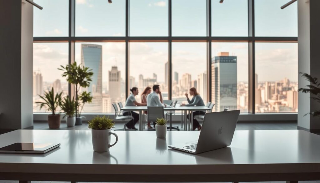 A sun-drenched office space with a modern, minimalist aesthetic. In the foreground, a sleek desk with a laptop, a mug of coffee, and a few potted plants, exuding a sense of focused productivity. The middle ground features a group of employees collaborating at a long table, their expressions engaged and animated. In the background, floor-to-ceiling windows offer a panoramic view of a bustling city skyline, the buildings bathed in warm, golden light. The overall atmosphere is one of efficiency, collaboration, and a balanced, harmonious work environment that supports a four-day work week. A sun-drenched office space with a modern, minimalist aesthetic. In the foreground, a sleek desk with a laptop, a mug of coffee, and a few potted plants, exuding a sense of focused productivity. The middle ground features a group of employees collaborating at a long table, their expressions engaged and animated. In the background, floor-to-ceiling windows offer a panoramic view of a bustling city skyline, the buildings bathed in warm, golden light. The overall atmosphere is one of efficiency, collaboration, and a balanced, harmonious work environment that supports a four-day work week.