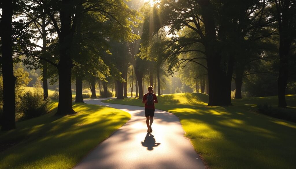 A tranquil morning walk bathed in warm, golden sunlight. The path winds through a verdant, lush landscape, dotted with tall trees casting dappled shadows. Ahead, the sunlight filters through the foliage, creating a mesmerizing play of light and shadow. In the foreground, a person strolls leisurely, their silhouette a calming presence against the radiant backdrop. The scene exudes a sense of serenity and rejuvenation, perfectly capturing the essence of a morning routine that sets the tone for a restful night's sleep. A tranquil morning walk bathed in warm, golden sunlight. The path winds through a verdant, lush landscape, dotted with tall trees casting dappled shadows. Ahead, the sunlight filters through the foliage, creating a mesmerizing play of light and shadow. In the foreground, a person strolls leisurely, their silhouette a calming presence against the radiant backdrop. The scene exudes a sense of serenity and rejuvenation, perfectly capturing the essence of a morning routine that sets the tone for a restful night's sleep.