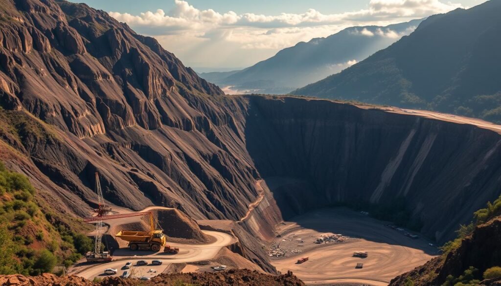A vast open-pit mine nestled amidst the rugged mountains of West Papua, Indonesia. Towering cliffs of exposed rock and earth, their surfaces weathered by the elements. Massive mining equipment, cranes, and trucks dot the landscape, dwarfed by the scale of the Grasberg mine. Intense sunlight bathes the scene, casting long shadows and highlighting the vibrant hues of the surrounding foliage. In the distance, a haze of mist obscures the horizon, adding an air of mystique to this remote and formidable location. The mood is one of grand industrial achievement, set against the backdrop of an untamed natural world. A vast open-pit mine nestled amidst the rugged mountains of West Papua, Indonesia. Towering cliffs of exposed rock and earth, their surfaces weathered by the elements. Massive mining equipment, cranes, and trucks dot the landscape, dwarfed by the scale of the Grasberg mine. Intense sunlight bathes the scene, casting long shadows and highlighting the vibrant hues of the surrounding foliage. In the distance, a haze of mist obscures the horizon, adding an air of mystique to this remote and formidable location. The mood is one of grand industrial achievement, set against the backdrop of an untamed natural world.