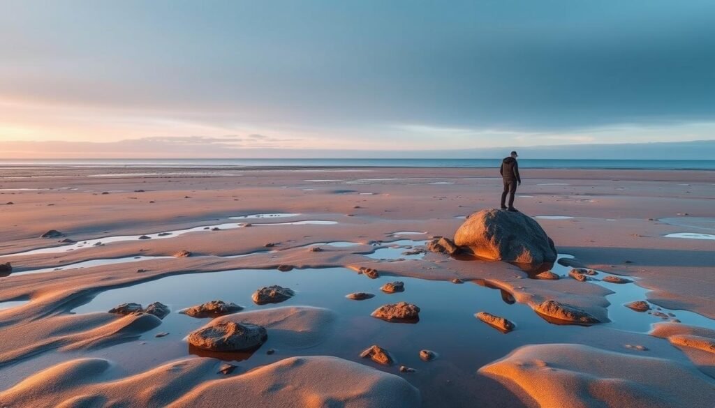 A vast, tranquil expanse of sand and rock, as the tides recede, revealing a serene, otherworldly landscape. Glistening pools of water dot the scene, mirroring the warm, golden hues of the setting sun. In the distance, the horizon stretches out, a gentle gradient of blues and purples, hinting at the immensity of the ocean beyond. The air is crisp and still, creating a sense of introspection and wonder. A lone figure, silhouetted against the fading light, stands in quiet contemplation, underscoring the scale and power of the natural forces at play. Capture the tranquility and awe of this transient moment, where the land and sea meet in a delicate balance. A vast, tranquil expanse of sand and rock, as the tides recede, revealing a serene, otherworldly landscape. Glistening pools of water dot the scene, mirroring the warm, golden hues of the setting sun. In the distance, the horizon stretches out, a gentle gradient of blues and purples, hinting at the immensity of the ocean beyond. The air is crisp and still, creating a sense of introspection and wonder. A lone figure, silhouetted against the fading light, stands in quiet contemplation, underscoring the scale and power of the natural forces at play. Capture the tranquility and awe of this transient moment, where the land and sea meet in a delicate balance.