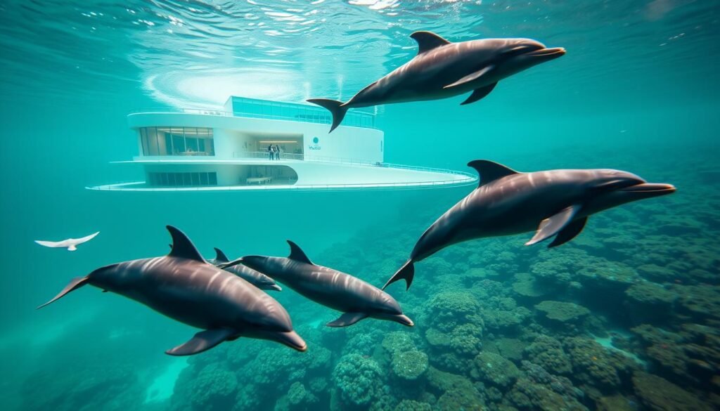 A vibrant underwater scene showcasing the conservation efforts of a breeding program. In the foreground, a group of majestic dolphins gracefully swim, their sleek bodies gliding through the turquoise waters. The middle ground features a state-of-the-art dolphin hospital, its gleaming white exterior and advanced medical equipment visible through large viewing windows. In the background, a lush coral reef teeming with colorful marine life sets the stage, reflecting the delicate balance of the ecosystem. Warm, diffused lighting casts a serene glow, capturing the harmony between the dolphins, their caretakers, and the surrounding natural wonder. The scene conveys a message of hope, dedication, and the importance of preserving these magnificent creatures and their fragile habitats. A vibrant underwater scene showcasing the conservation efforts of a breeding program. In the foreground, a group of majestic dolphins gracefully swim, their sleek bodies gliding through the turquoise waters. The middle ground features a state-of-the-art dolphin hospital, its gleaming white exterior and advanced medical equipment visible through large viewing windows. In the background, a lush coral reef teeming with colorful marine life sets the stage, reflecting the delicate balance of the ecosystem. Warm, diffused lighting casts a serene glow, capturing the harmony between the dolphins, their caretakers, and the surrounding natural wonder. The scene conveys a message of hope, dedication, and the importance of preserving these magnificent creatures and their fragile habitats.