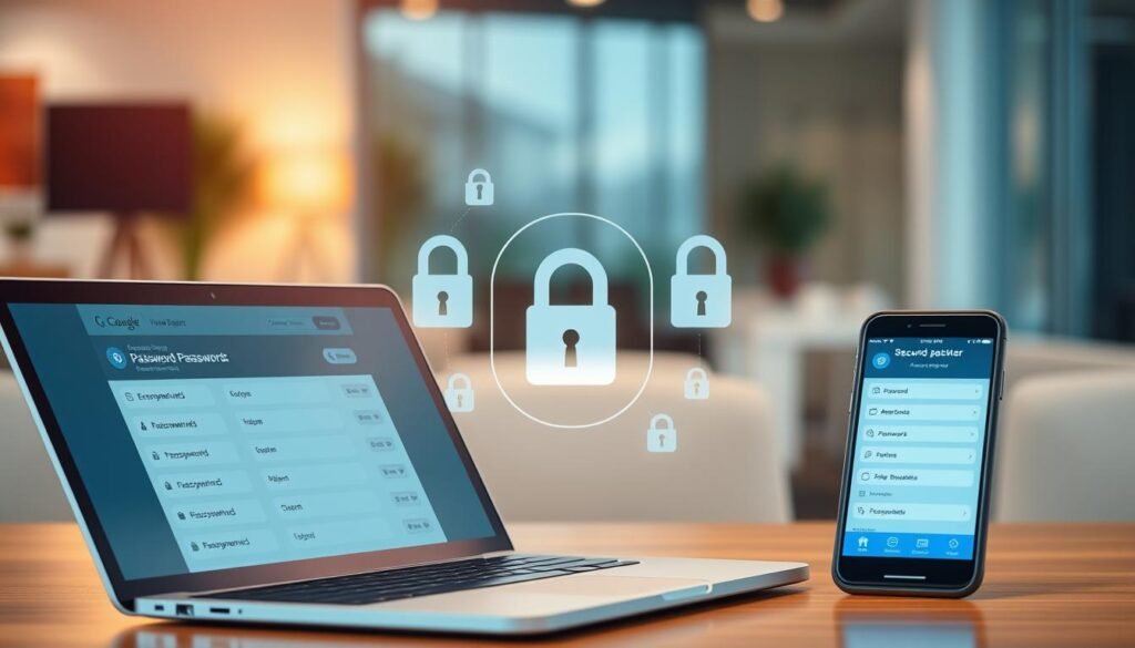A professional workspace depicting the concept of a password manager in action. In the foreground, a sleek laptop open with a password management application interface displaying various encrypted passwords and login credentials. Beside the laptop, a smartphone shows the same app in sync, emphasizing cross-device functionality. The middle of the image features a set of lock icons overlaying a digital background representing online security. In the background, a blurred office environment with soft lighting creates a focused yet inviting atmosphere. The overall color palette is soothing with shades of blue and green, implying security and trust. Angle the scene slightly from above to provide a comprehensive view, evoking a sense of modern technology working harmoniously to secure personal data.