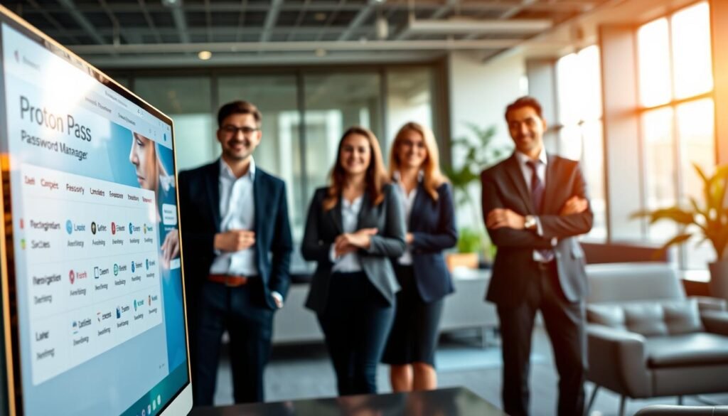 A sleek, modern workspace featuring a high-tech computer displaying the Proton Pass password manager interface prominently in the foreground. The screen shows a colorful, user-friendly dashboard with encrypted password categories and syncing devices illustrated through subtle icons. In the middle ground, a diverse group of professionals in smart business attire engage in a collaborative discussion, their facial expressions reflecting confidence and focus. The background features a contemporary office setting with soft lighting, sleek furniture, and greenery, creating a calm and productive atmosphere. Utilize a shallow depth of field to emphasize the foreground details while gently blurring the back elements. Golden hour lighting casts a warm tone, enhancing the mood of security and professionalism related to password management.