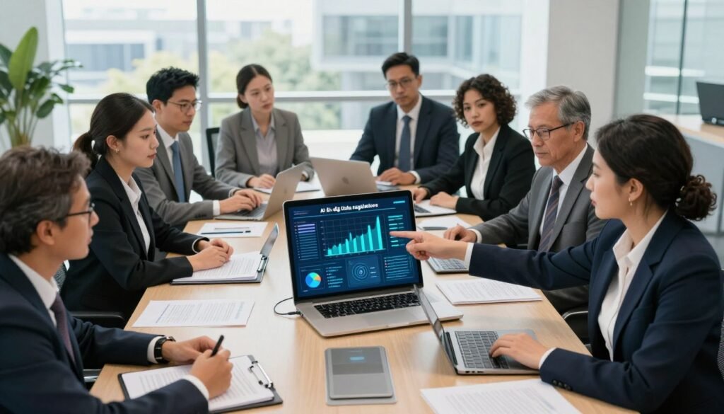 A group of diverse government officials, including men and women of various ethnic backgrounds, are collaborating around a large conference table filled with documents and digital devices, symbolizing inter-ministerial coordination. In the foreground, a woman in a professional business suit points to a digital screen showing graphs of AI and Big Data regulations. The middle ground features focused expressions of the attendees while discussing policy strategies, with notes and charts scattered about. The background displays a modern government office with large windows letting in natural daylight, creating a bright and open atmosphere. The mood is serious yet collaborative, reflecting a sense of purpose in the role of the government as a facilitator and overseer in technology regulation.