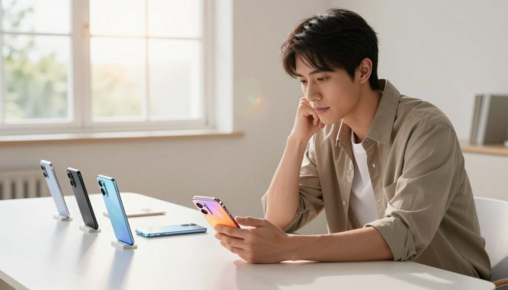 A thoughtful individual seated at a modern table, surrounded by various smartphone models including the Xiaomi Redmi Note 13 Pro+ 5G, showcasing their features. The foreground features the user examining the Redmi Note 13 Pro+ 5G, displaying its sleek design and colorful screen. In the middle, a few other smartphones are laid out, highlighting their unique selling points. The background includes a bright, airy room with large windows, natural light streaming in, enhancing the professionalism of the scene. A subtle lens flare adds warmth. The atmosphere is contemplative and focused, emphasizing the consideration before making a purchase. No text or logos are present, ensuring a clean visual presentation.